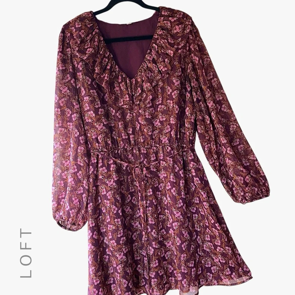 LOFT Pink and Burgundy Floral Long-Sleeve Dress